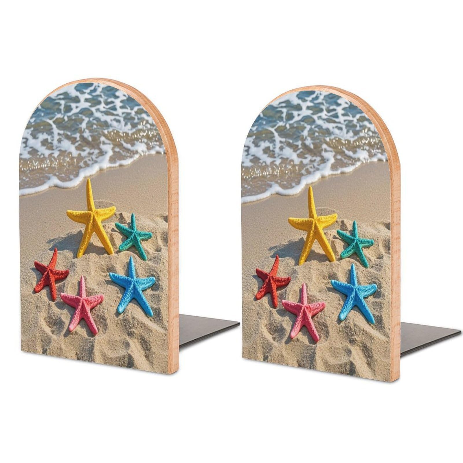 Colorful Starfish on The Beach Bookend for Shelves Wooden Book End Sturdy Book Holders Stoppers with Metal Base for Bookshelves Slick Decorative Bookends Stands