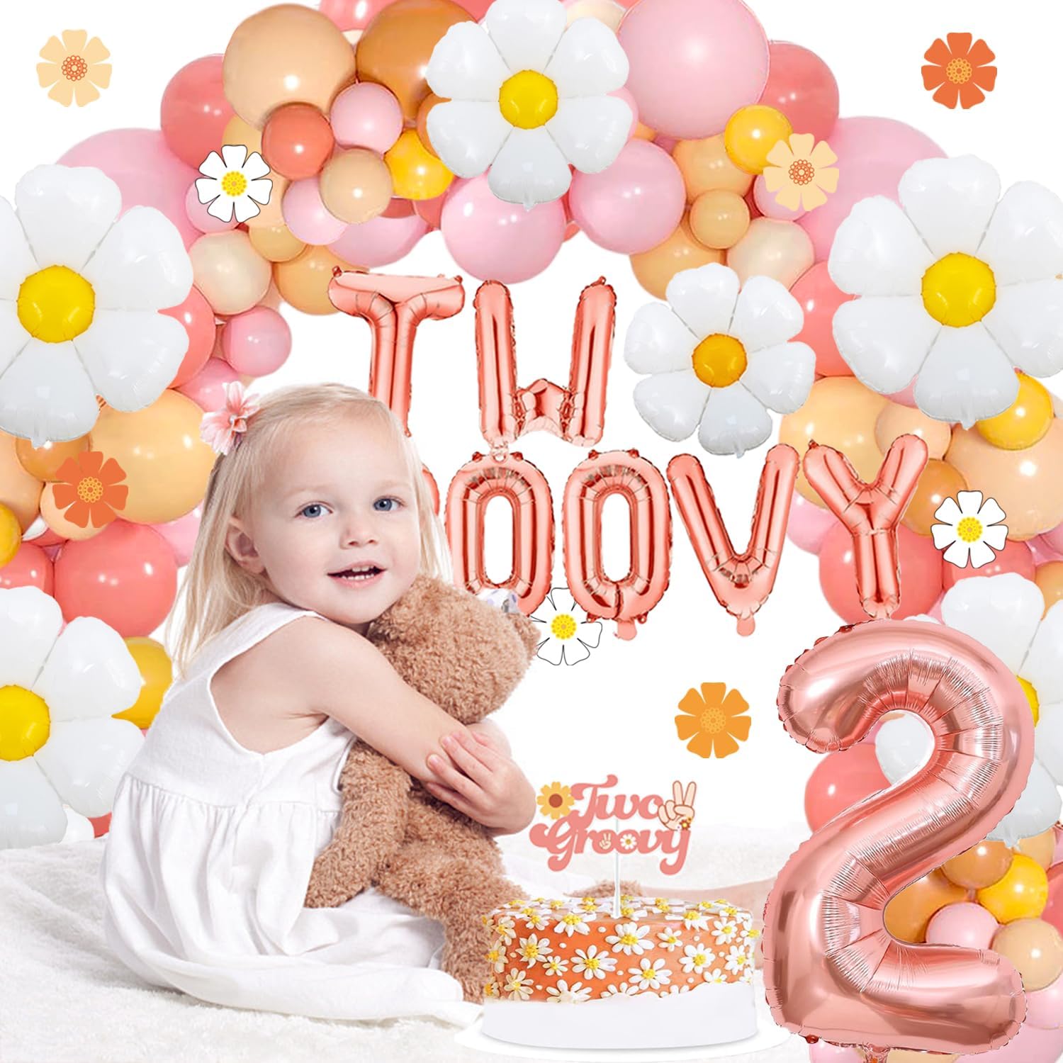 Groovy 2nd Birthday Party Decorations Girl, Two Groovy Birthday Decorations Boho Daisy Balloons Two Groovy Party Backdrop Tablecloth and Balloon Garland Kit