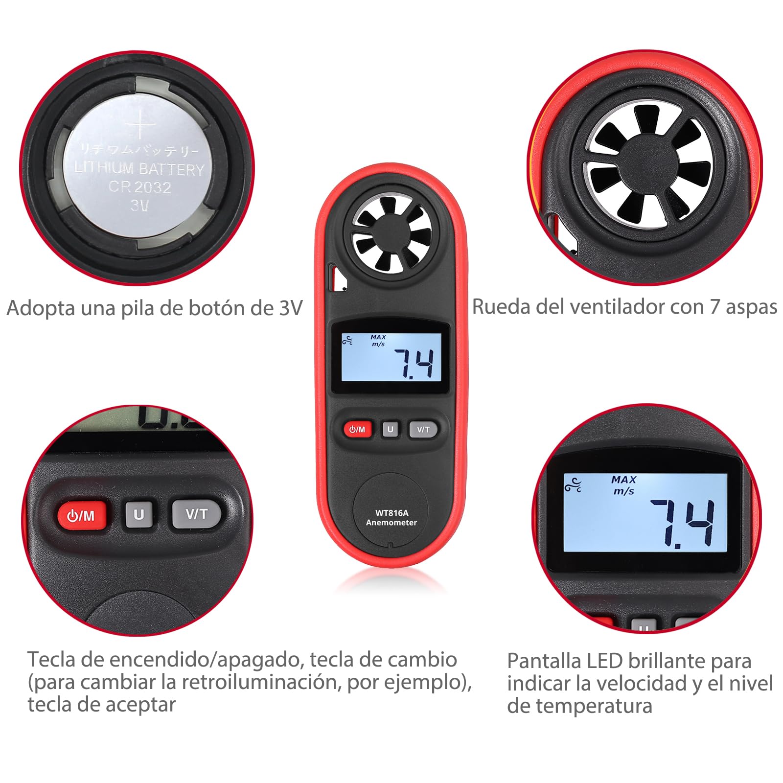 JUSTOOL Anémomètre Numérique 3 Vitesse du Vent 6 Unités Vitesse Vent Portable Étanche Anémomètre avec Écran LCD pour Sports de Plein Air, Inspection Météorologique, Voile, Pêche