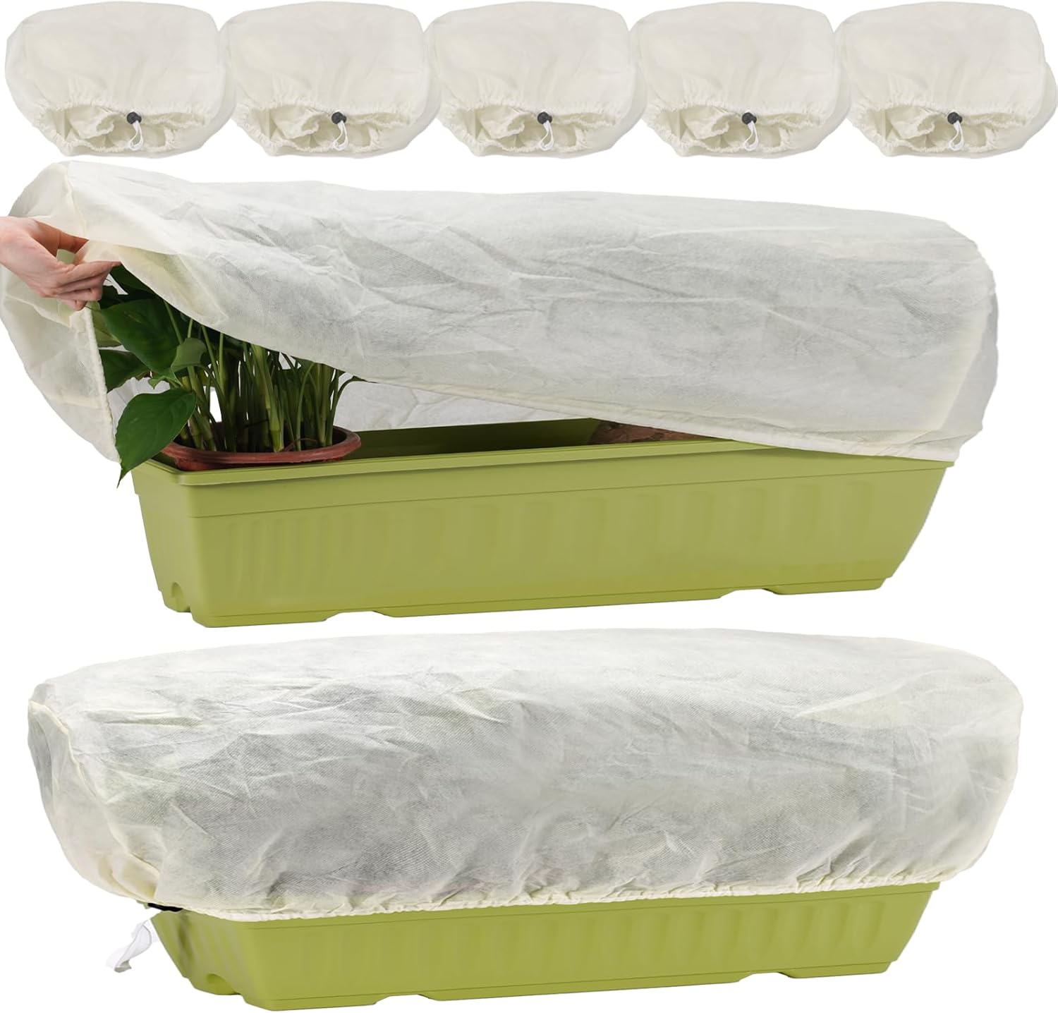 Plant Protection Cover, Winter Frost Cover with Drawstring and Locking Clasp, 80 x 35 x 35 cm-5 Pieces, for Rectangular Planting Boxes