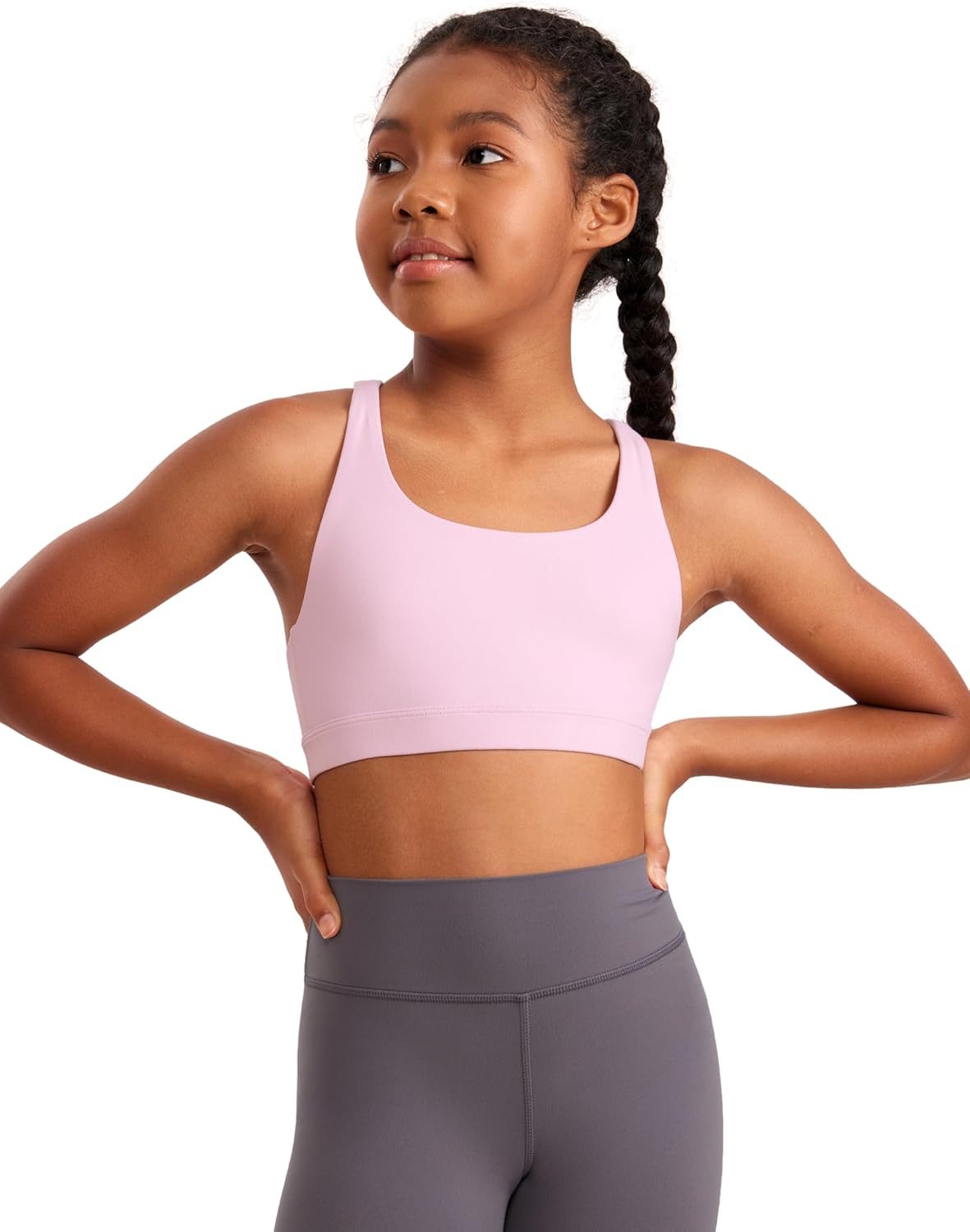 CRZ YOGA Girls Butterluxe Cross Back Sports Bra - Yoga Athletic Casual Tops Scoop Neck Padded Crop Kids Teen