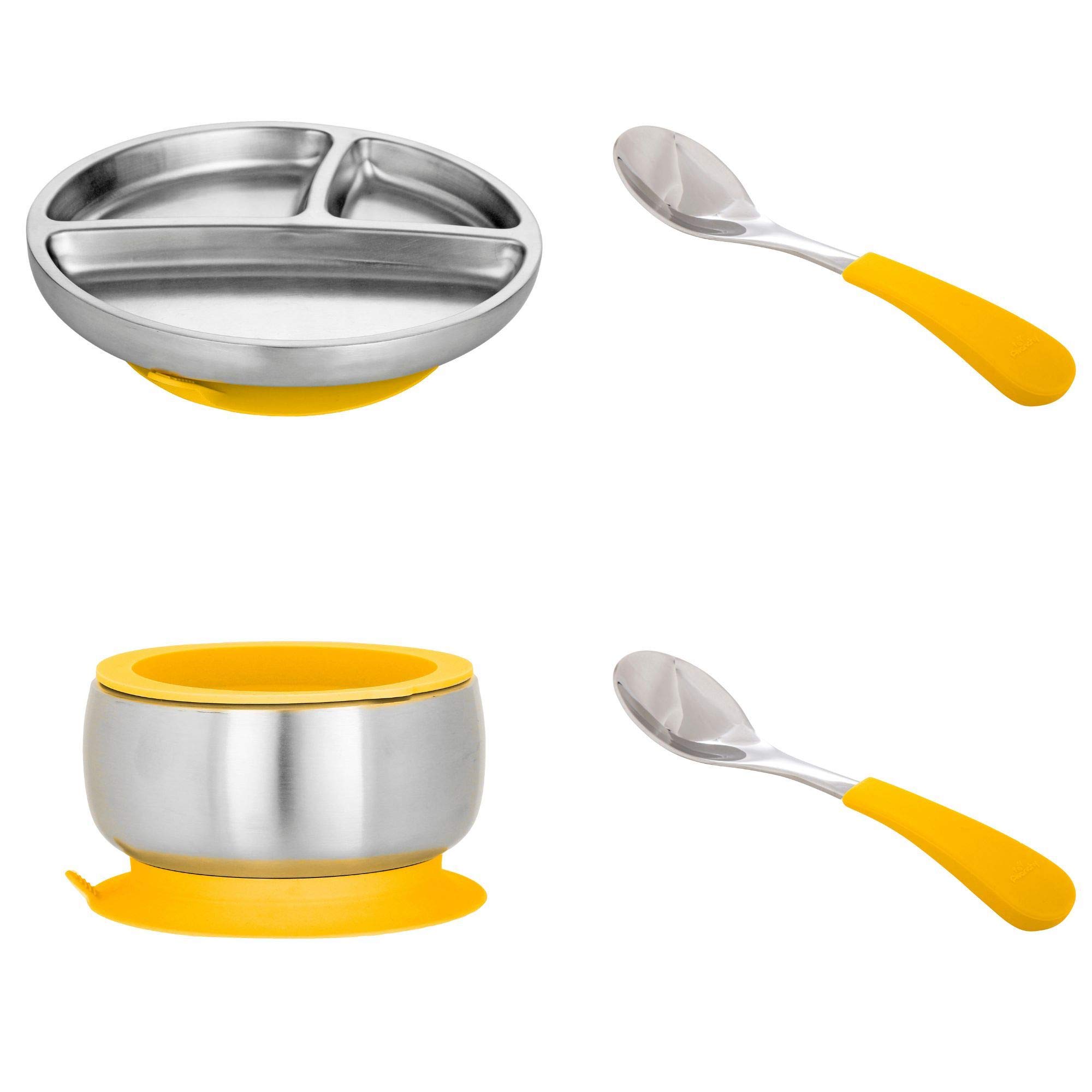 Avanchy Stainless Steel Bowl & Divider Plate & Spoon - Stainless Steel Kids Bowls - Suction Bowls wi