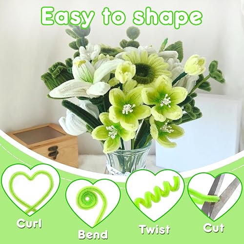 Miniatura 5 de URSDIART 311 piezas de limpiapipas verdes para manualidades, kit de fabricación de flores de felpilla al vapor, alambre grueso y mullido con