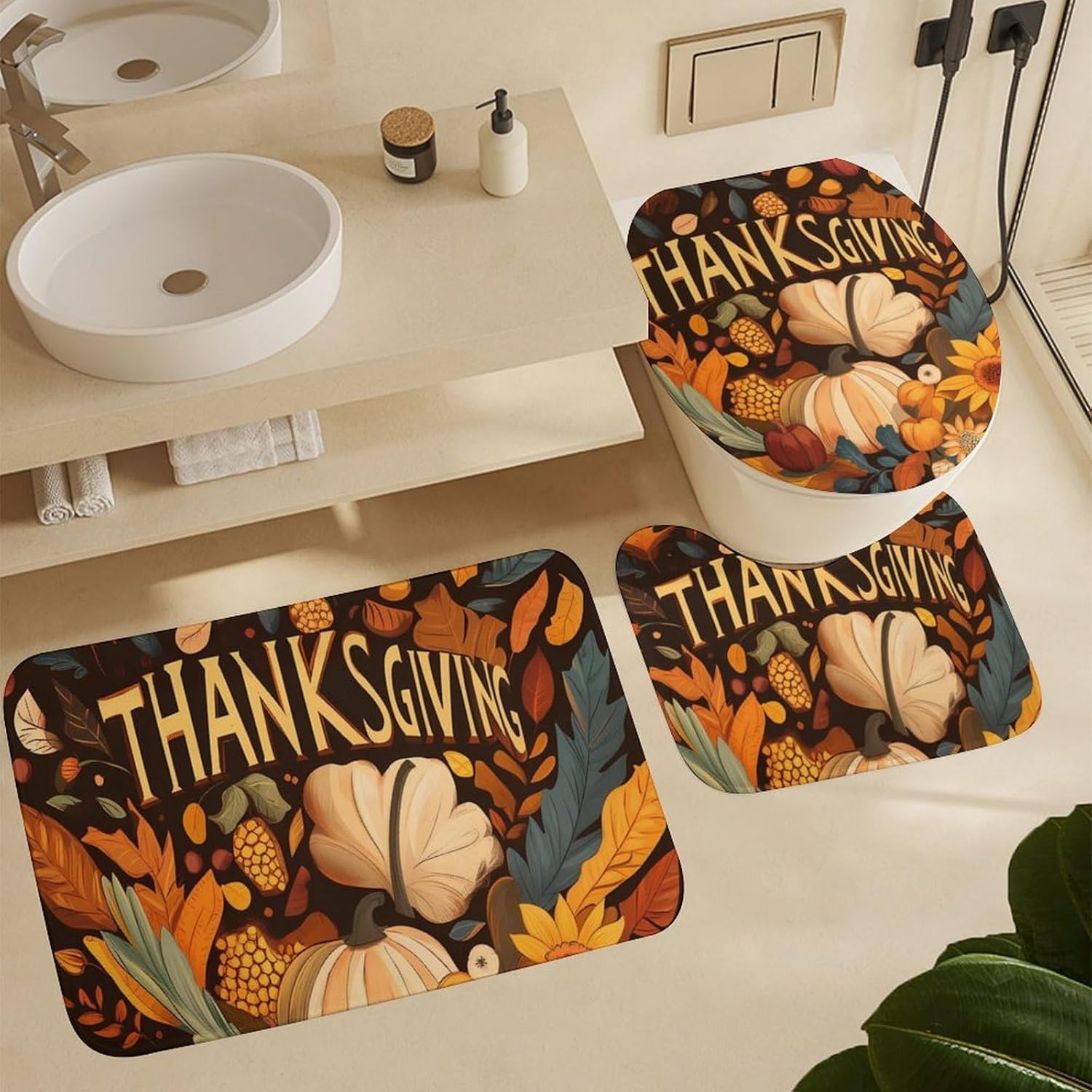 Thanksgiving Fall Farm Pumpkins Modern Bathroom Sets with Shower Curtain and Rugs Decor 4 Pcs with 12 Hooks