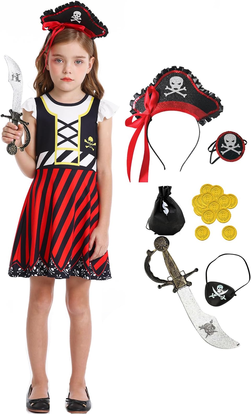 Berich Girls Pirate Costume Kids Halloween Costumes for Girls World Book Day Role Play Fancy Dress up with Pirate Accessories