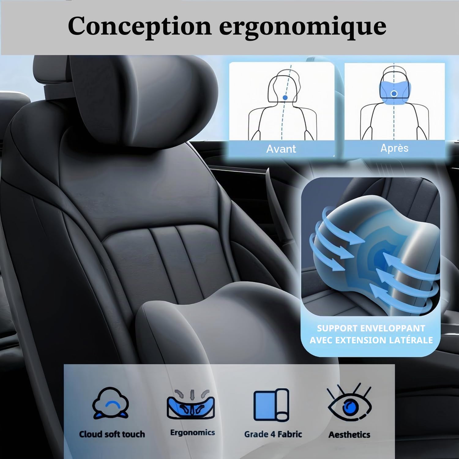 Ensemble de coussin de soutien lombaire et de repose tête pour voiture | Coussin de siège de voiture en mousse à mémoire de forme pour le soutien du cou et du dos - Repos pour le cou et le taille