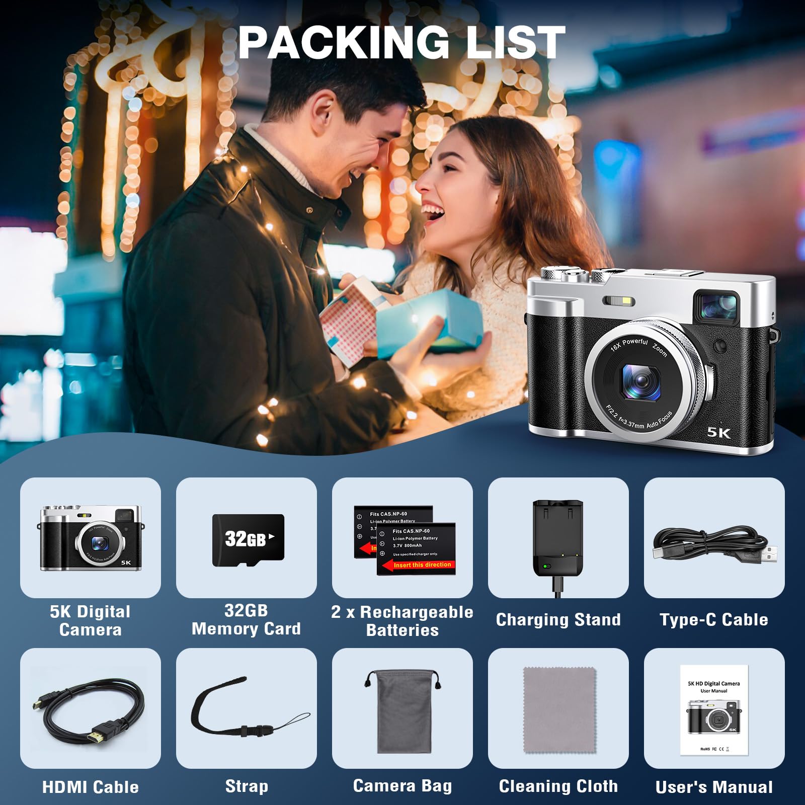 5K Fotocamera Digitale, 48MP, Vlogging, Compatta, Unisex, 32GB, Mirino, Flash, 2.8 Pollici, TikTok, YouTube, Webcam, HDMI, 1/4"-20, Treppiede