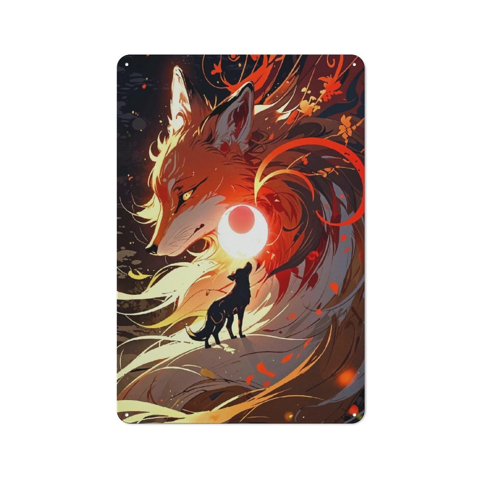 Kitsune Japanese Fox Casual Metal Wall Decor 30x20cm, Rustic Tin Sign for Patio Bar, Workshop, Shed Or Kitchen