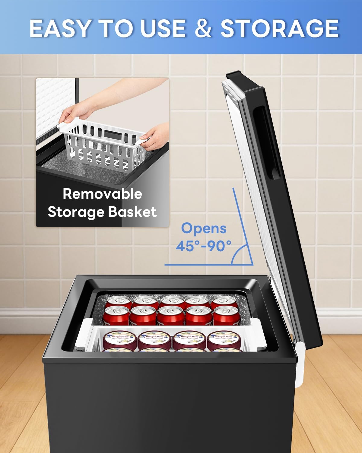 Electactic 3.5 Cu. Ft Chest Freezer, Ultra-Low Temperature (-40°F-12°F), Small Deep Freezer with Removable Basket Free Standing Top open Door Perfect for Home Dorm, Office,Bar, Kitchen Black