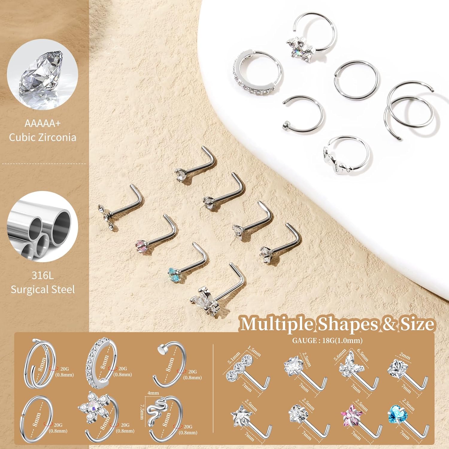 Bautidots 14pcs Nose Studs 20G 18G Nose Rings Stainless Steel Nose Hoop CZ L S Shaped Nose Piercing Nostril Piercing Jewelry for Women Men Silver Gold - Image 2