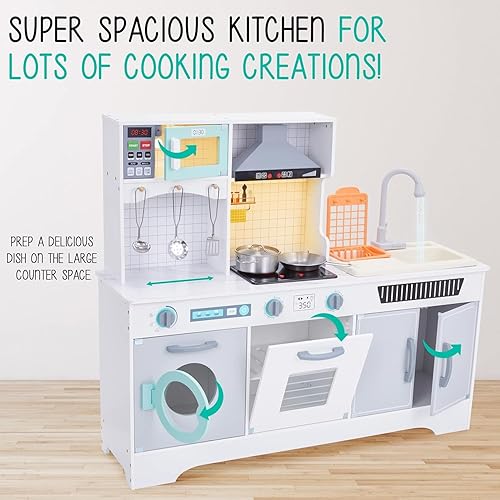 Miniatura 7 de Lil' Jumbl Jumbl - Juego de cocina de madera para niños, fregadero de trabajo con agua corriente real, incluye campana extractora, microondas y