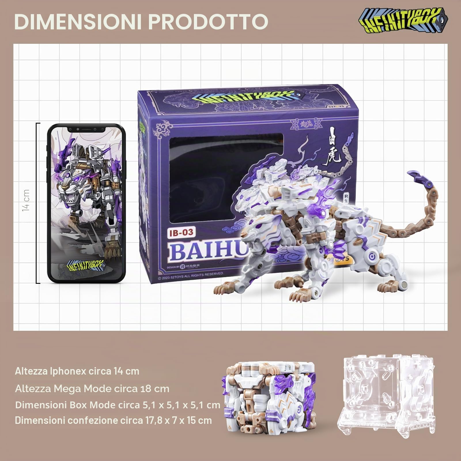 52TOYS INFINITYBOX IB-03 BAIHU - Action figure giocattolo di deformazione, giocattoli di conversione in mecha e cubo, regalo perfetto per feste di compleanno per adolescenti e adulti