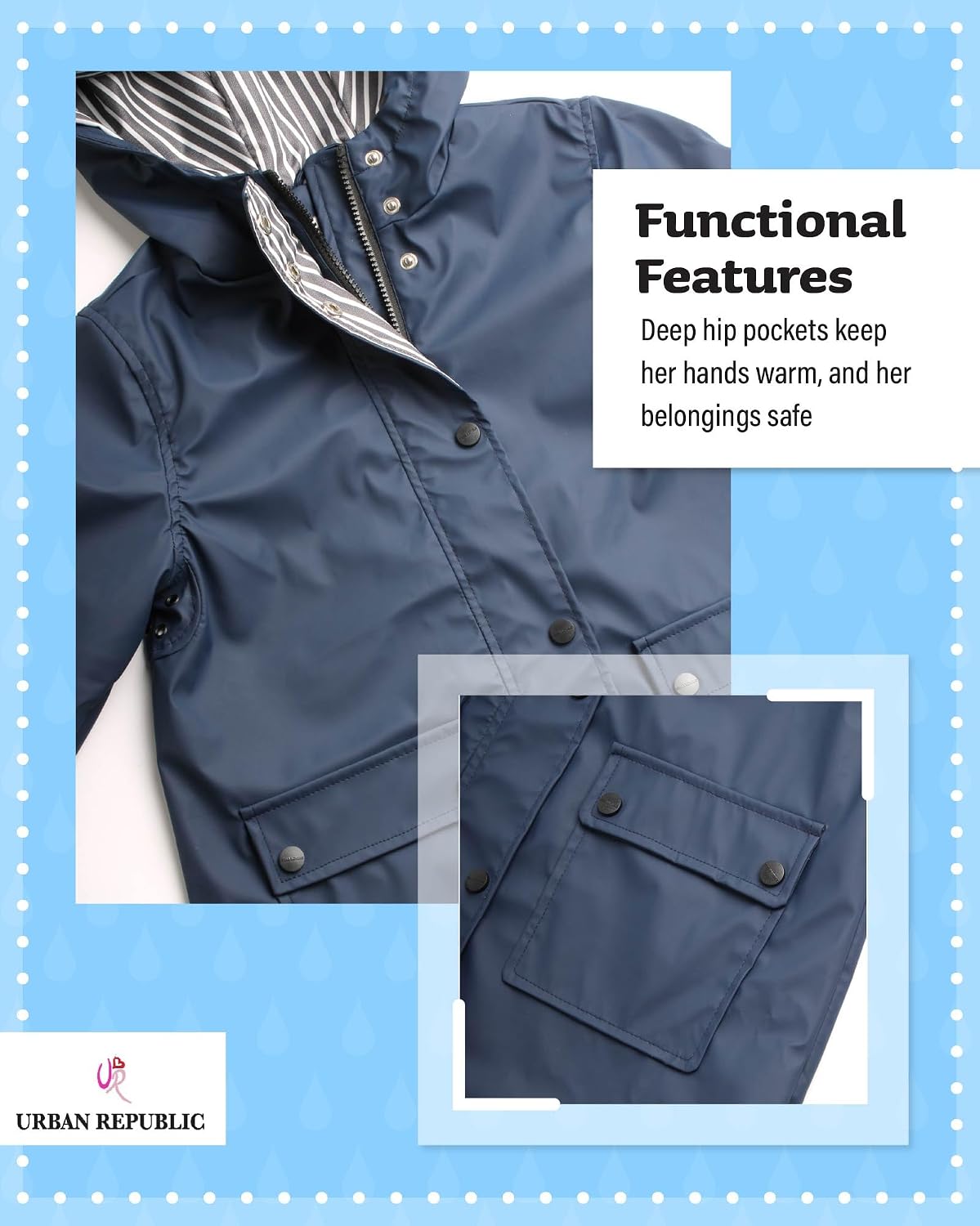 URBAN REPUBLIC Girls Rain Jacket - Wind & Water Resistant Slicker Shell Lightweight Rain Coats for Girls with Pockets
