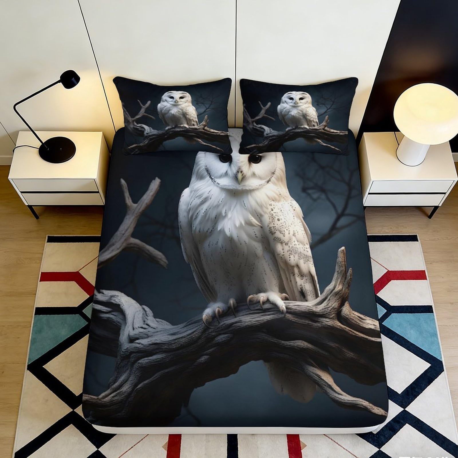 3D Printed White Owl Fitted Sheet Microfiber Soft Black Forest Mattress Cover for Bedroom Guest Room Dorm Decor 90x200x25cm