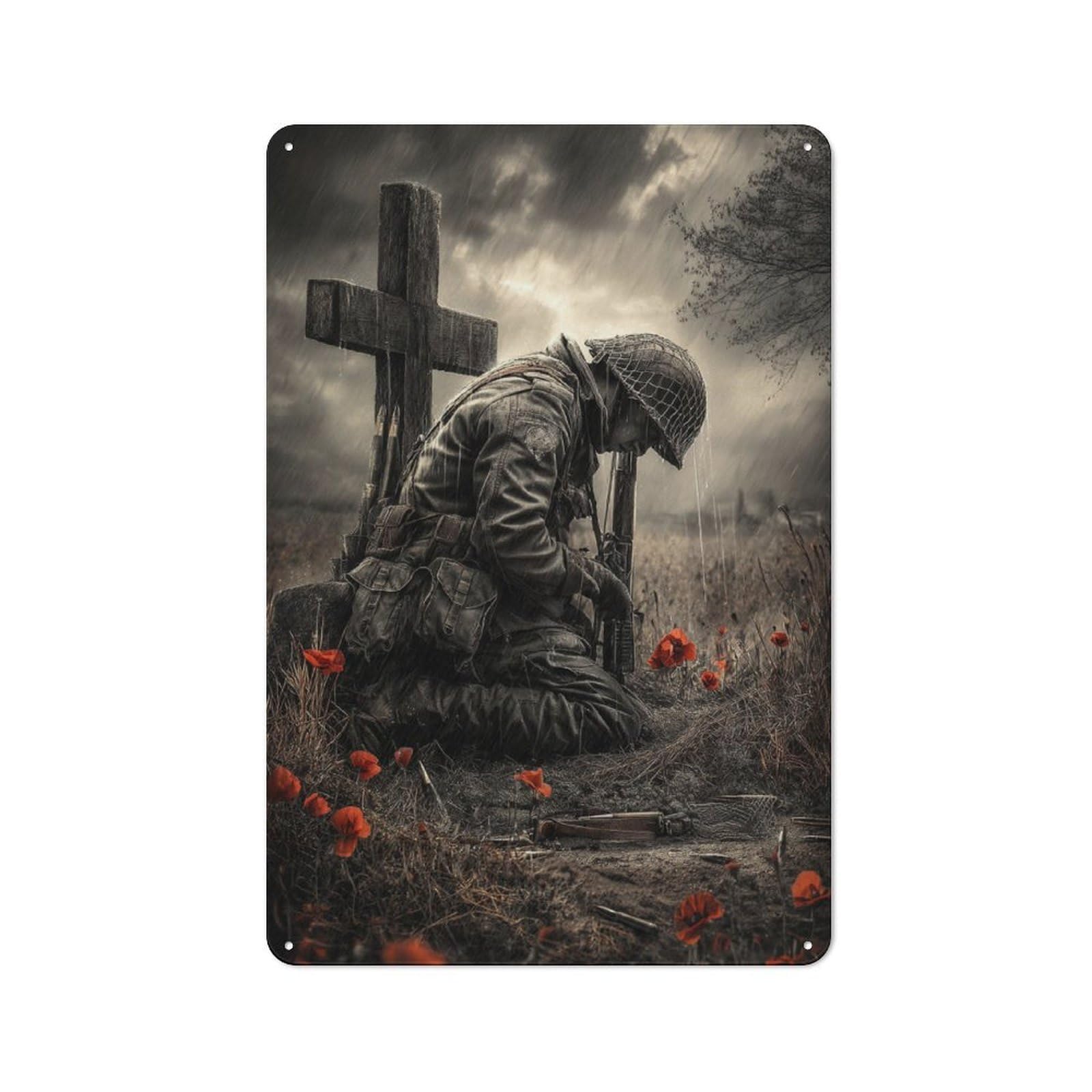 Junmoney Soldier's Prayer In Rain Metal Plaque 30X20cm With For Garage Wall, Retro Decor, For Themed Interiors In Garages And Workshops