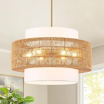 23.6" Boho Rattan Chandelier, 6-Light Large Rattan Pendant Light with Fabric Lampshade, Hand Woven Rattan Light Fixtures Farmhouse Boho Chandeliers for Dining Room, Living Room, Kitchen Island, Foyer