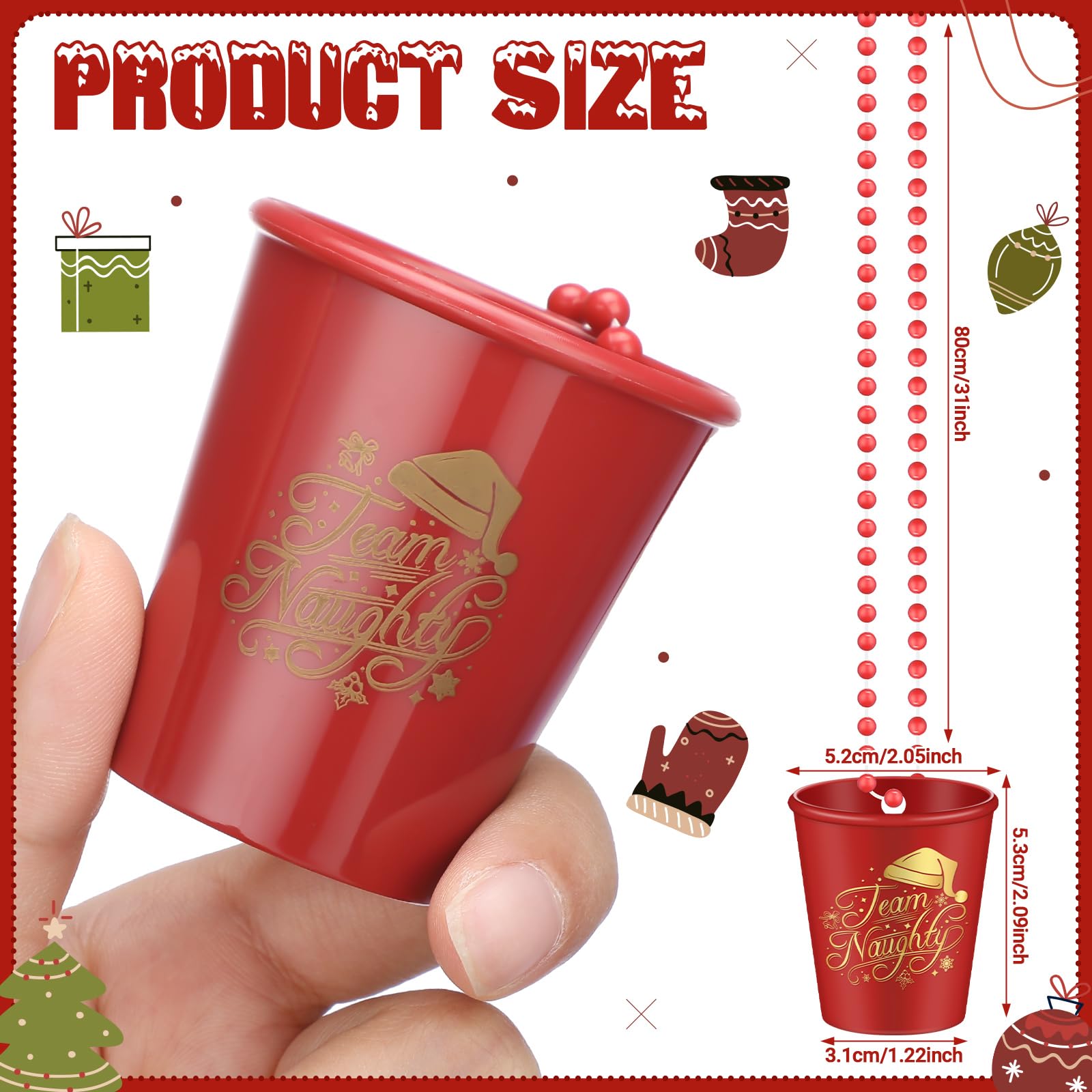 Tigeen 24 Christmas Shot Glass Necklaces Christmas Plastic Shot Cup Necklace on Beaded Team Naughty Team Nice Glass Necklace for Birthday Xmas Party(Santa Hat)
