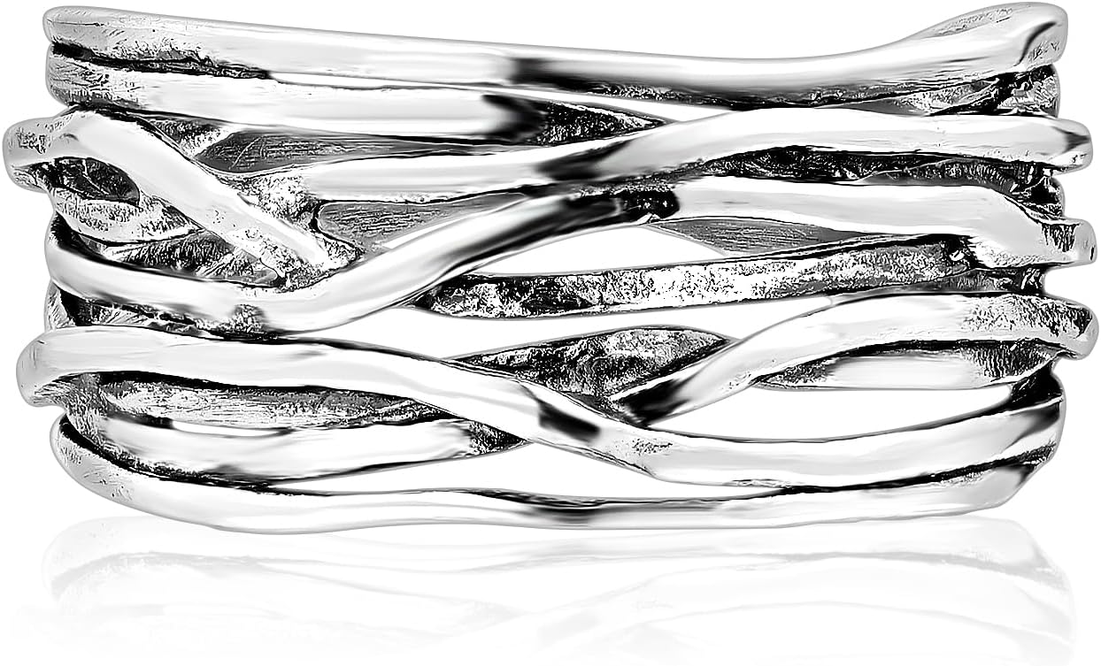 JEAN RACHEL JEWELRY 925 Sterling Silver Hammered Wire Wrap Ring - Wide Multi-Strand Everyday Statement Ring