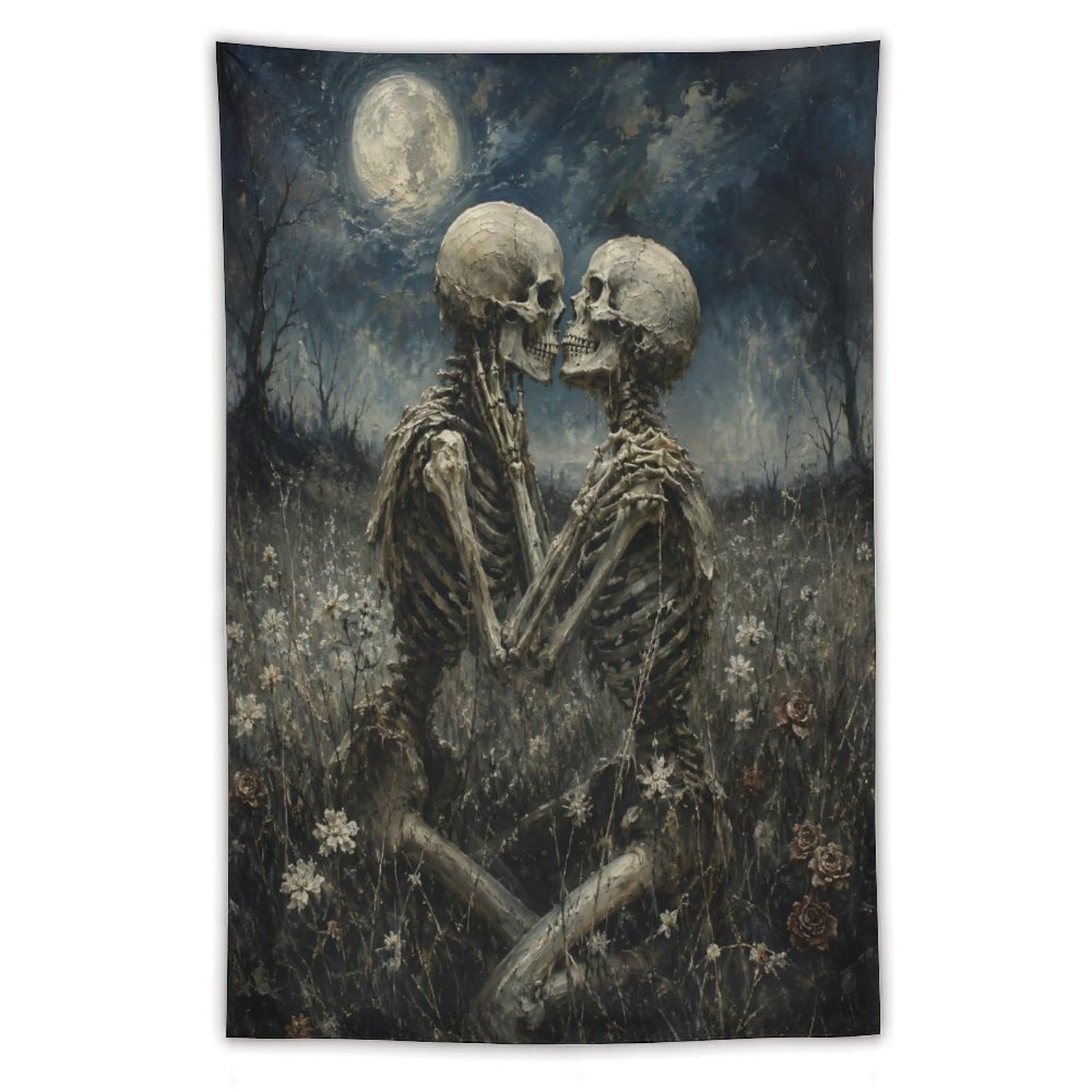 H3B8U2Y5 Skeleton Couple Moonlit Field Wall Tapestry, Gothic Oil