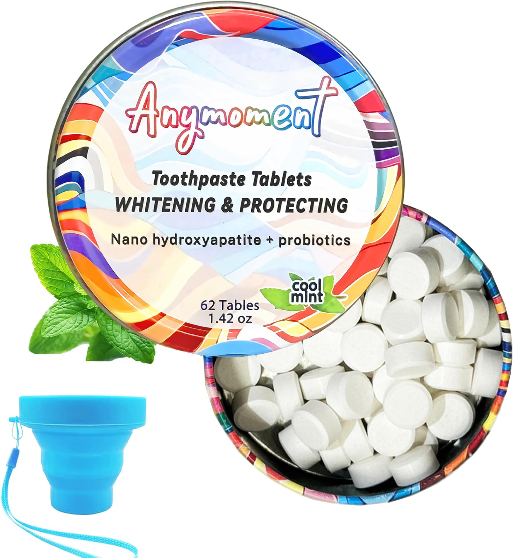 Anymoment Toothpaste Tablets with 7.5% Nano Hydroxyapatite,Flouride Free,SLS Free Remineralize with NHA (1 Month),Gift a Collapsible Cup,Eco & Plastic Free Travel Size Toothpaste