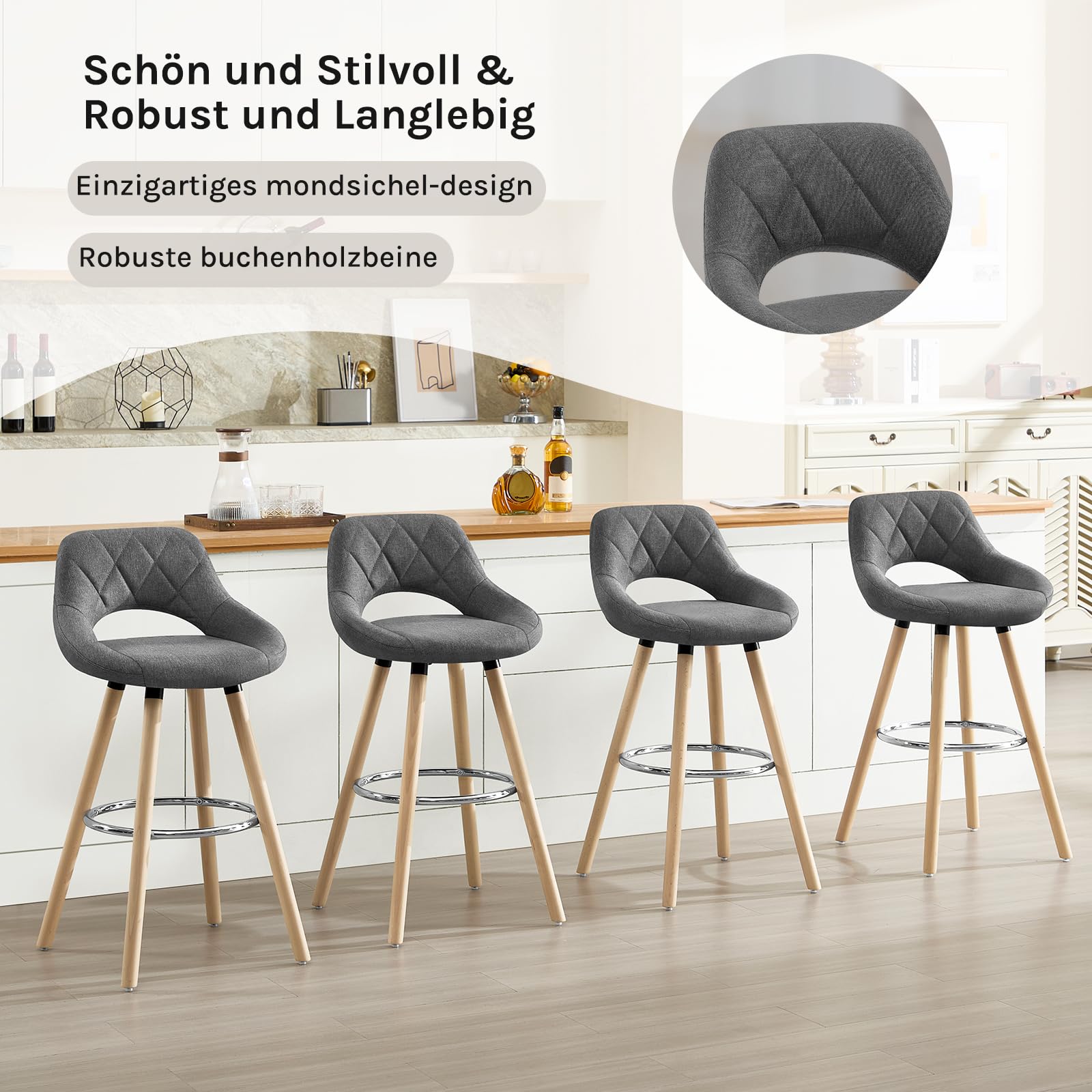 WOLTU Barhocker 2er Set, Barstuhl Küchenhocker Thekenhocker, Hocker mit Rückenlehne Fußstütze, aus Holz Leinen, für Bar Küche Theke Restaurant Café, Dunkelgrau, BH111dgr-2