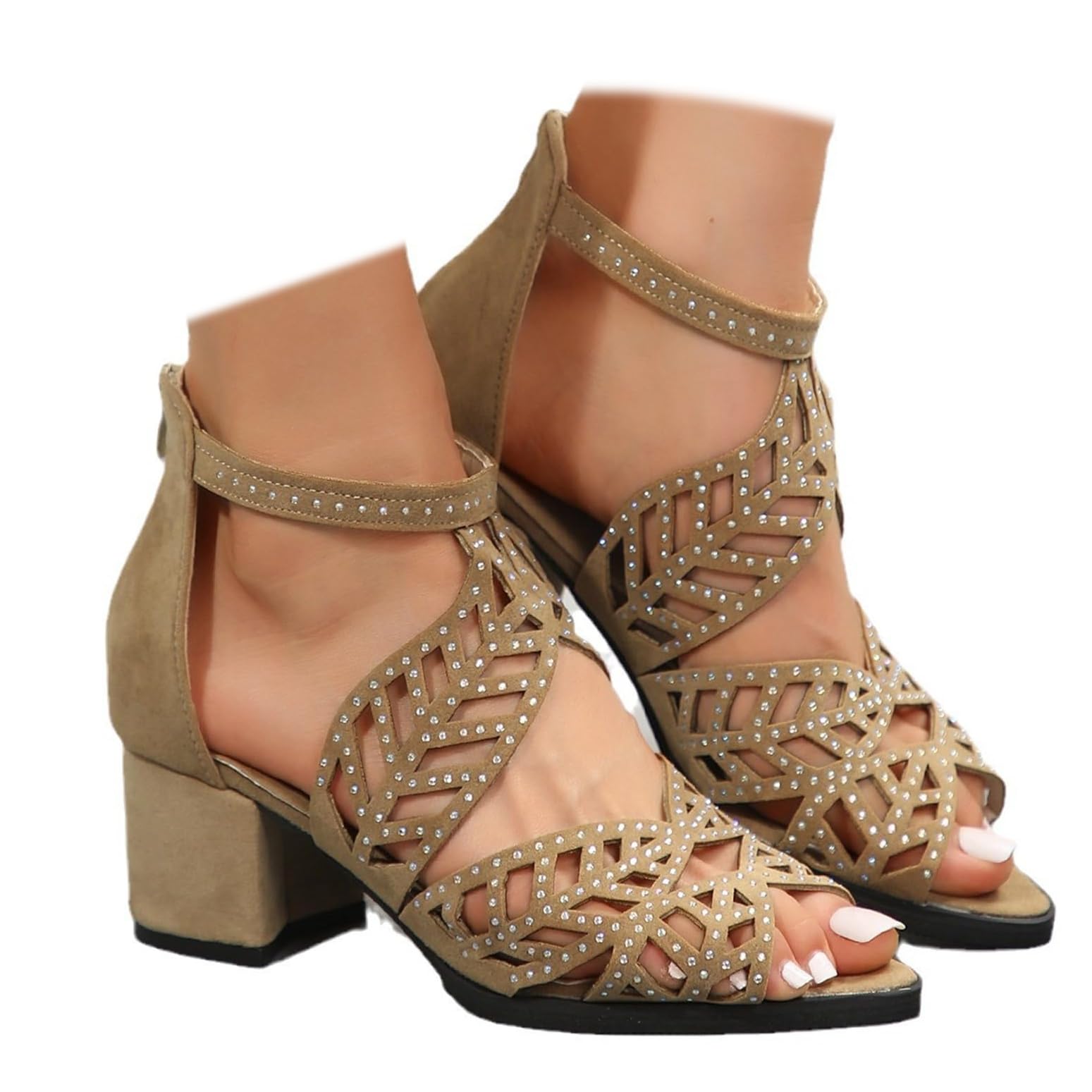 SACFOF Sandalias de tacón de bloque con diamantes de imitación para mujer, con correa al tobillo, sandalias de tacón grueso, sandalias romanas
