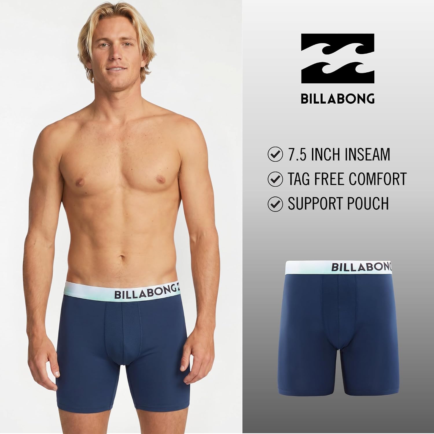 Billabong Mens Boxer Briefs 4 Pack Long Leg Performance Compression Shorts Mens Underwear 7.5” Inseam