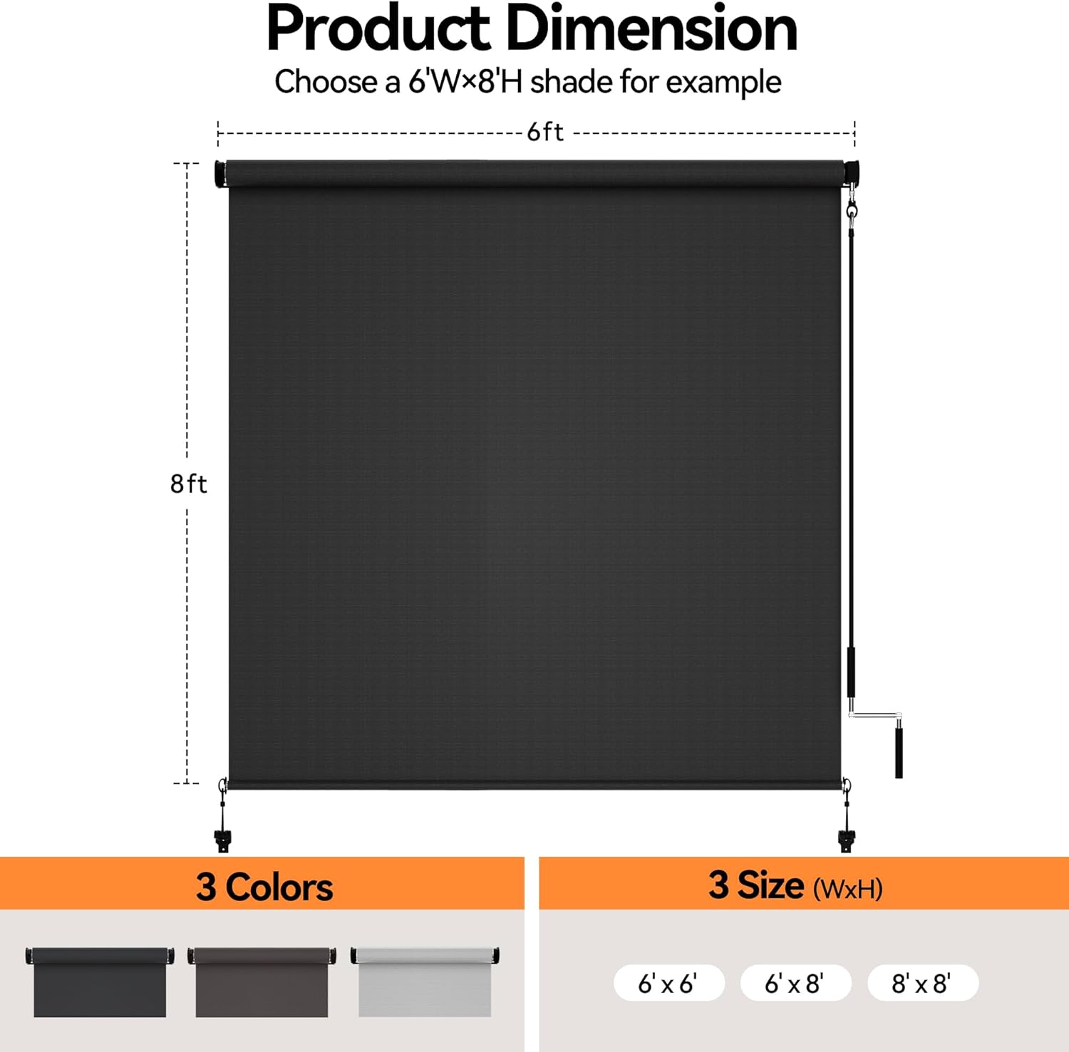 Outdoor Roller Shades for Patio New Material with 95% UV Protection, Cordless Patio Shades Roll Up Outdoor Blinds with Crank Handle for Shading, No Valance, (6' W X 6' L), Black