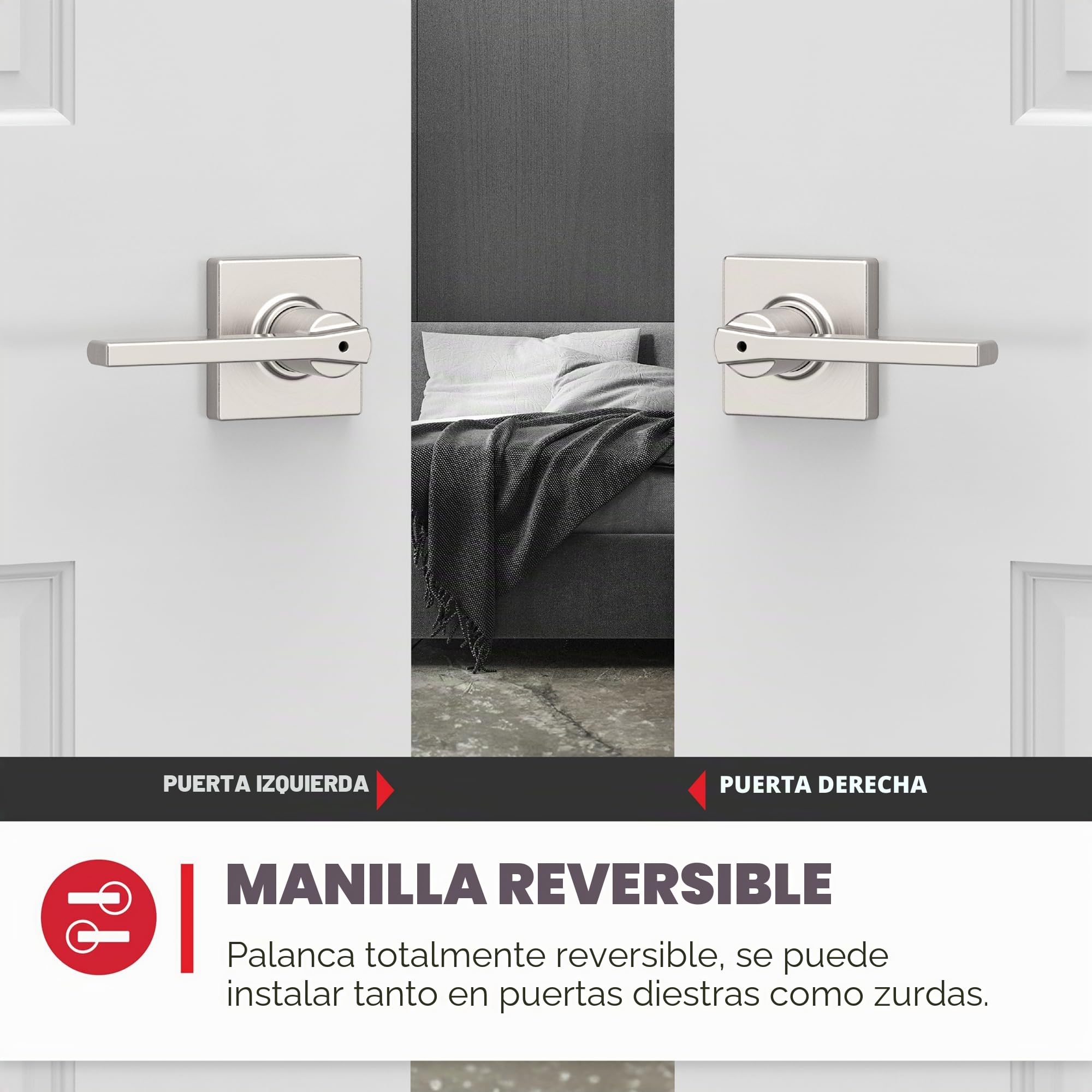 Kwikset Casey - Tirador de puerta interior con cerradura, palanca de puerta para baño y dormitorio, cerradura giratoria reversible sin llave, níquel satinado, con protección Microban