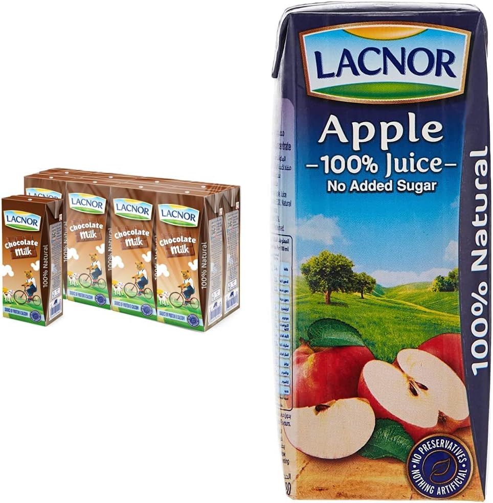 Lacnor Essentials Chocolate Milk, 100% Natural, Rich in Vitamin and Calcium, 28% Reduced Sugar, 180 ML Pack of 8 & Essentials Apple Juice - 180 ML X 8