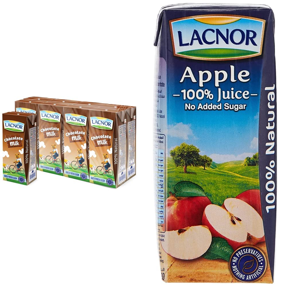 LacnorEssentials Chocolate Milk, 100% Natural, Rich in Vitamin and Calcium, 28% Reduced Sugar, 180 ML Pack of 8 & Essentials Apple Juice - 180 ML X 8