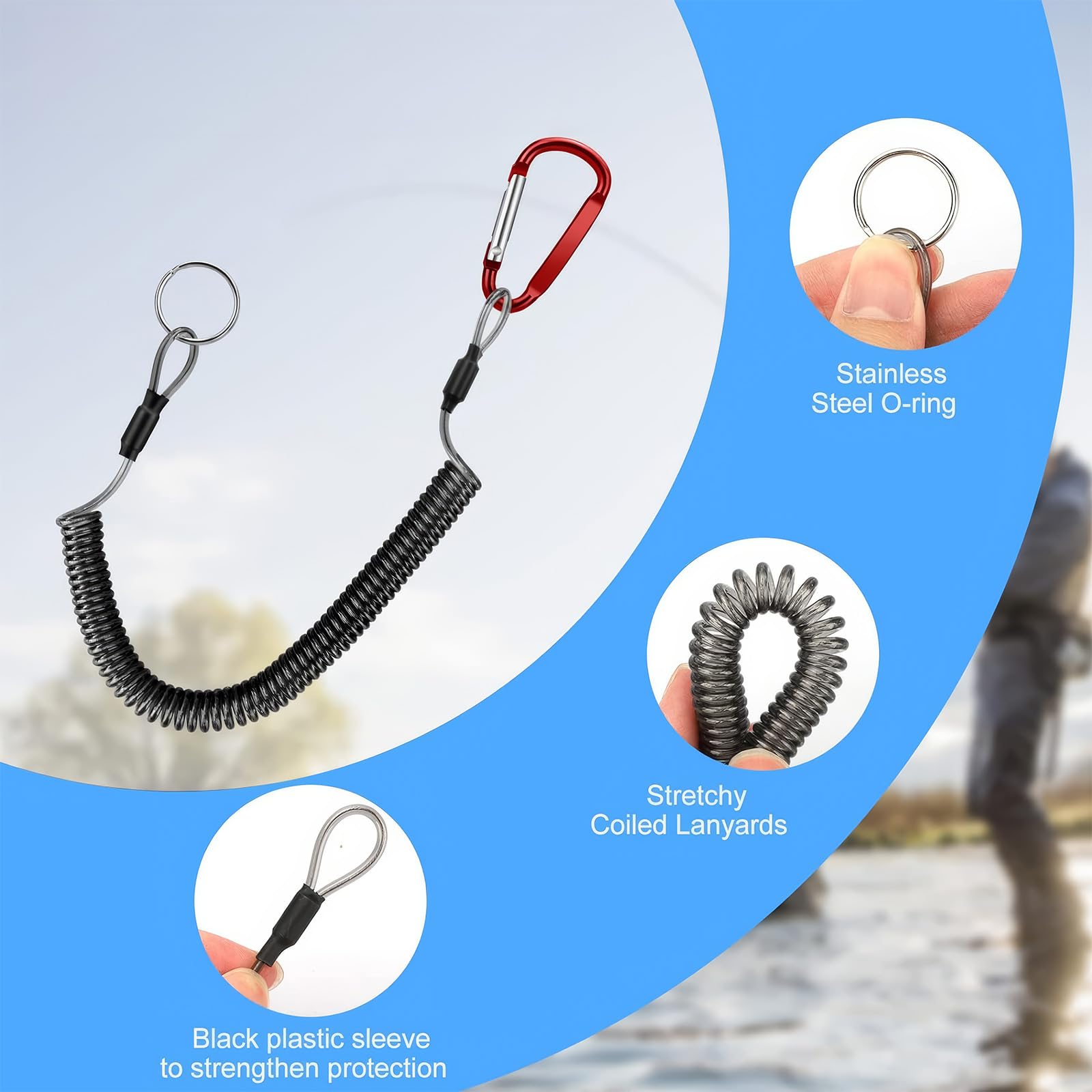 6 PCS Portachiavi Spirale Portachiavi a Molla Spirale con Moschettone Portachiavi Estensibile Cordini da Pesca Cordino di Sicurezza per Canottaggio Kayak Campeggio e Caccia - 3