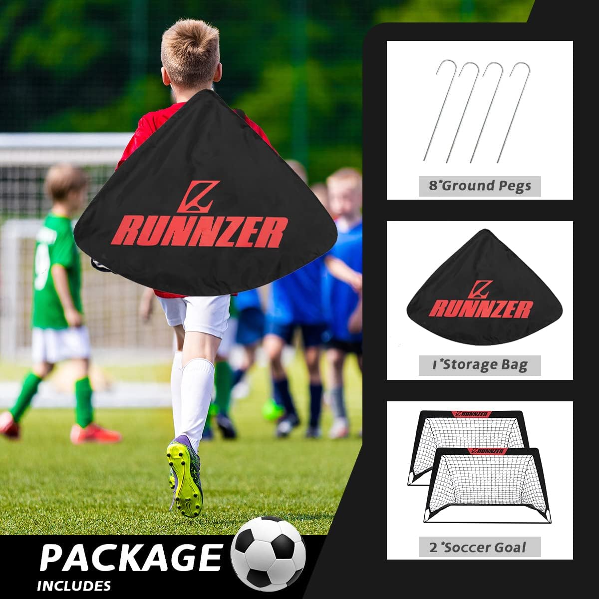 L RUNNZER Kids Soccer Goal, Pop Up Soccer Goal Net for Backyard, Set of 2 with Portable Carrying Case