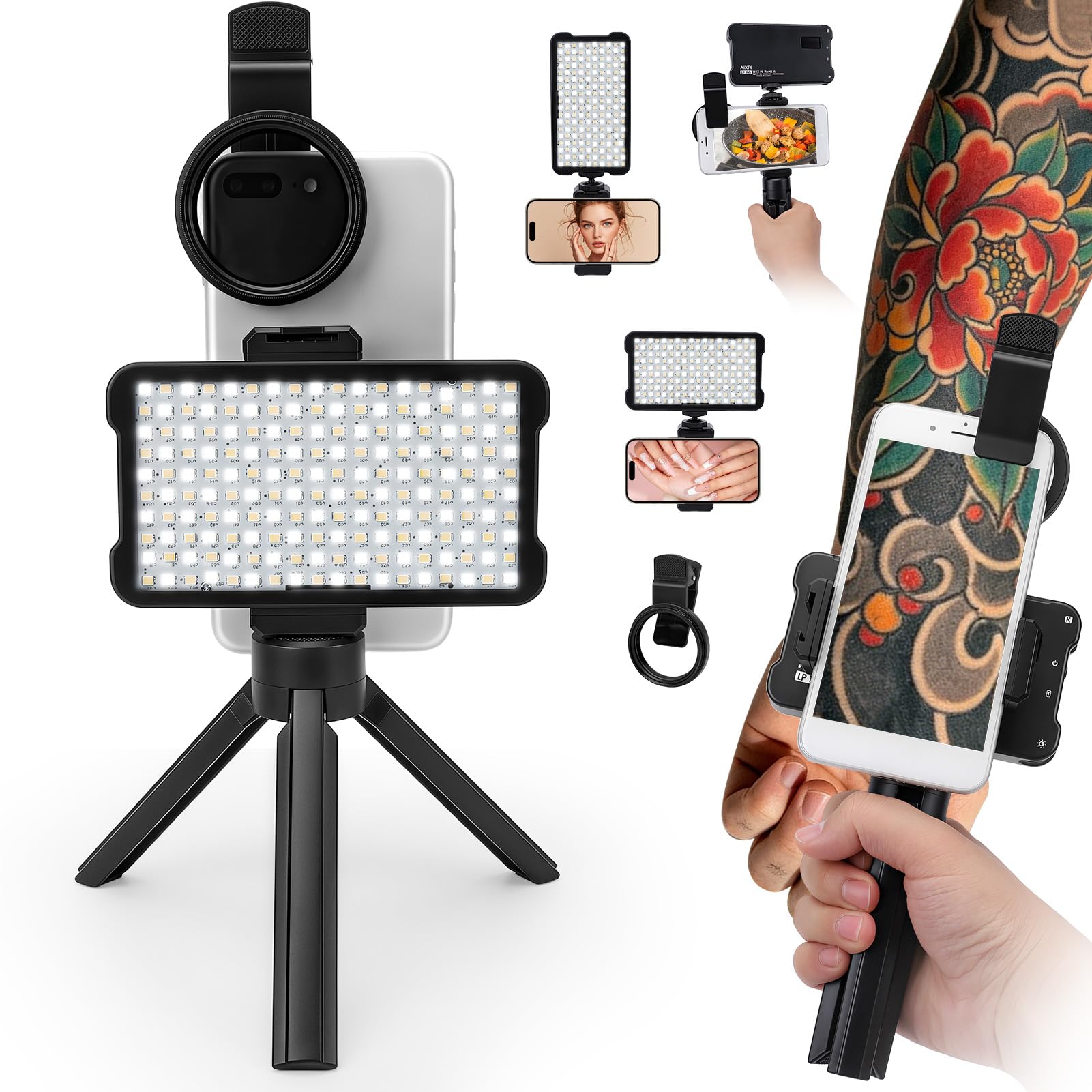 Kit de lampe de tatouage 180 LED avec lentille de filtre CPL de 52 mm, réglage de la luminosité et retrait réfléchissant, panneau lumineux pour smartphones et appareils photo, pour photographie