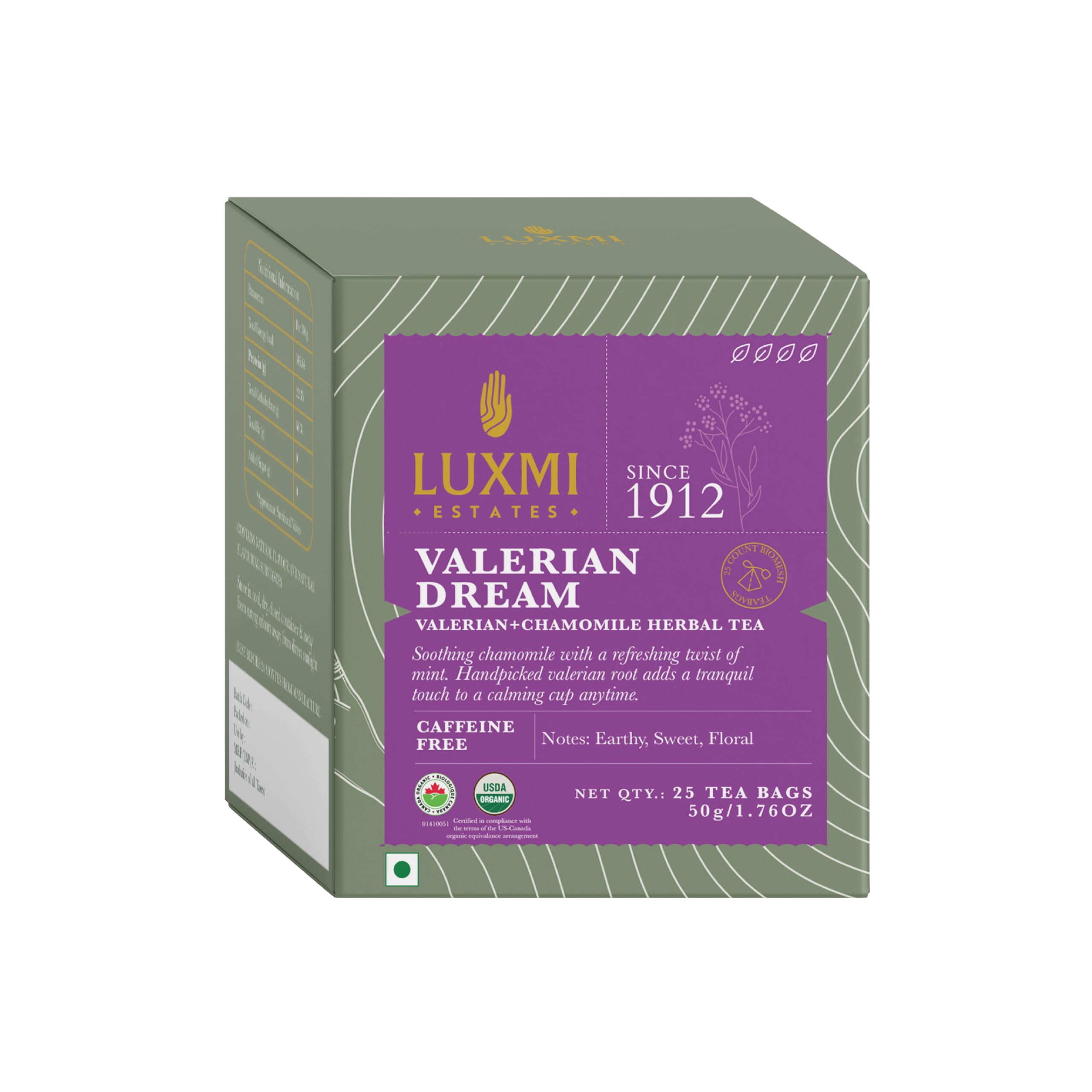 LUXMI Estates Sleep Tea With Valerian Root - 25 Herbal Tea Bags (50g) | With Chamomile, Lavender & Valerian Root | Caffeine Free Best For Insomnia, Anxiety & Stress Relief, Relaxation, Restful and Peaceful Sleep With Wellness Herbal Tea