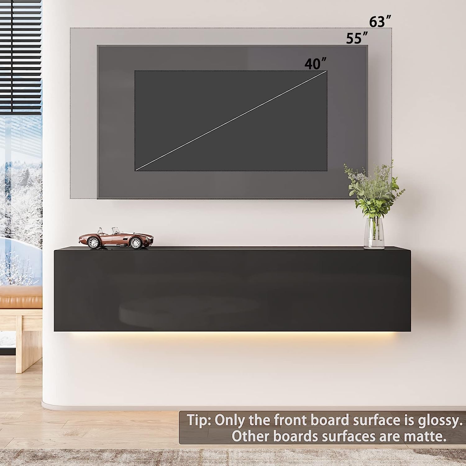 HOMMPA Floating TV Stand with Led Light for 63 Inch TVs Wall Mounted Led Entertainment Center Black with High Gloss Storage Modern Floor Mounted Media Console with Led Light for Living Room