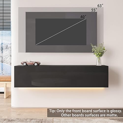 Miniatura 8 de HOMMPA Soporte de TV flotante con luz LED para televisores de 60 pulgadas, centro de entretenimiento LED montado en la pared con almacenamiento de