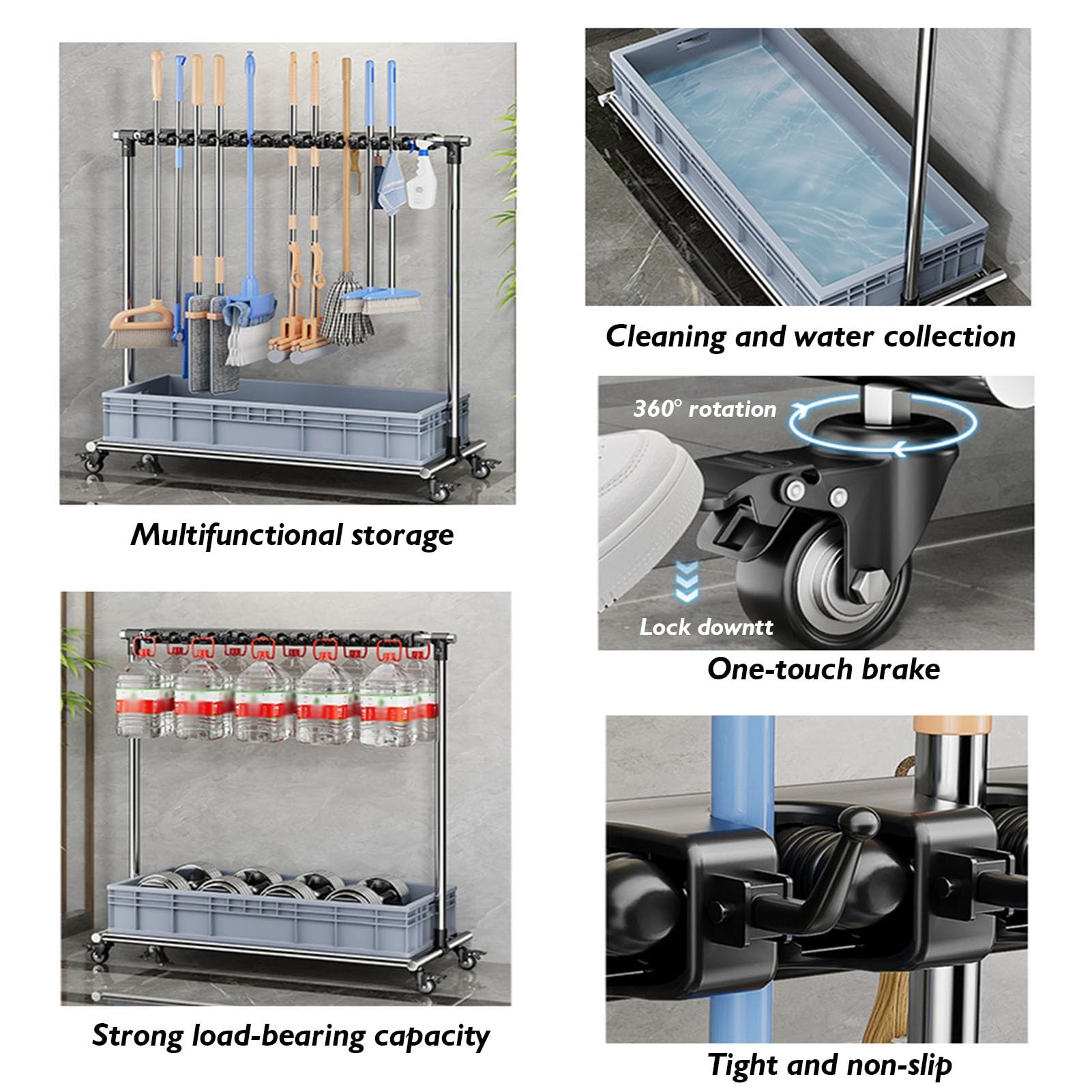 Estante para fregonas y escobas, solución de almacenamiento de acero inoxidable para herramientas de mango largo y suministros de limpieza, organizador de pie