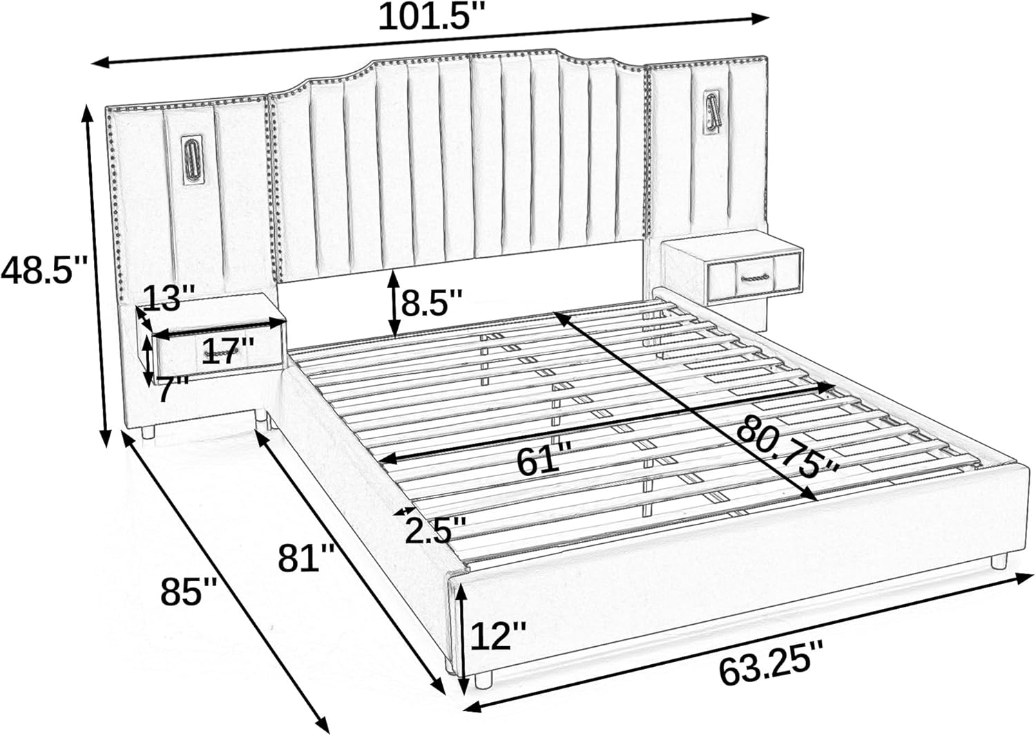 Queen Bed with Large Upholstered Headboard, Velvet Fabric Bed Frame with LED Lights and Nightstands, Floor Platform Bedframe with Wood Slat Support, Noise Free, Gray