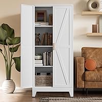 COFAR 61" White Farmhouse Pantry Cabinet with Sliding Barn Doors, 3 Adjustable Shelves & Anti-Tip Safety - Kitchen Storage for Bathroom, Office, Laundry