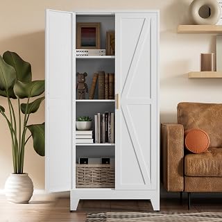 COFAR 61" White Farmhouse Pantry Cabinet with Sliding Barn Doors, 3 Adjustable Shelves & Anti-Tip Safety - Kitchen Storage for Bathroom, Office, Laundry