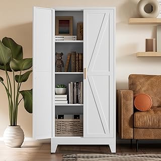 COFaR White Farmhouse Storage Kitchen Pantry Cabinet with 2 Barn Door, 3 Adjustable Shelves and Legs, for Cupboard/Dining Room/Bathroom/Living Room/Office/Laundry Room (White, 61" Farmhouse)