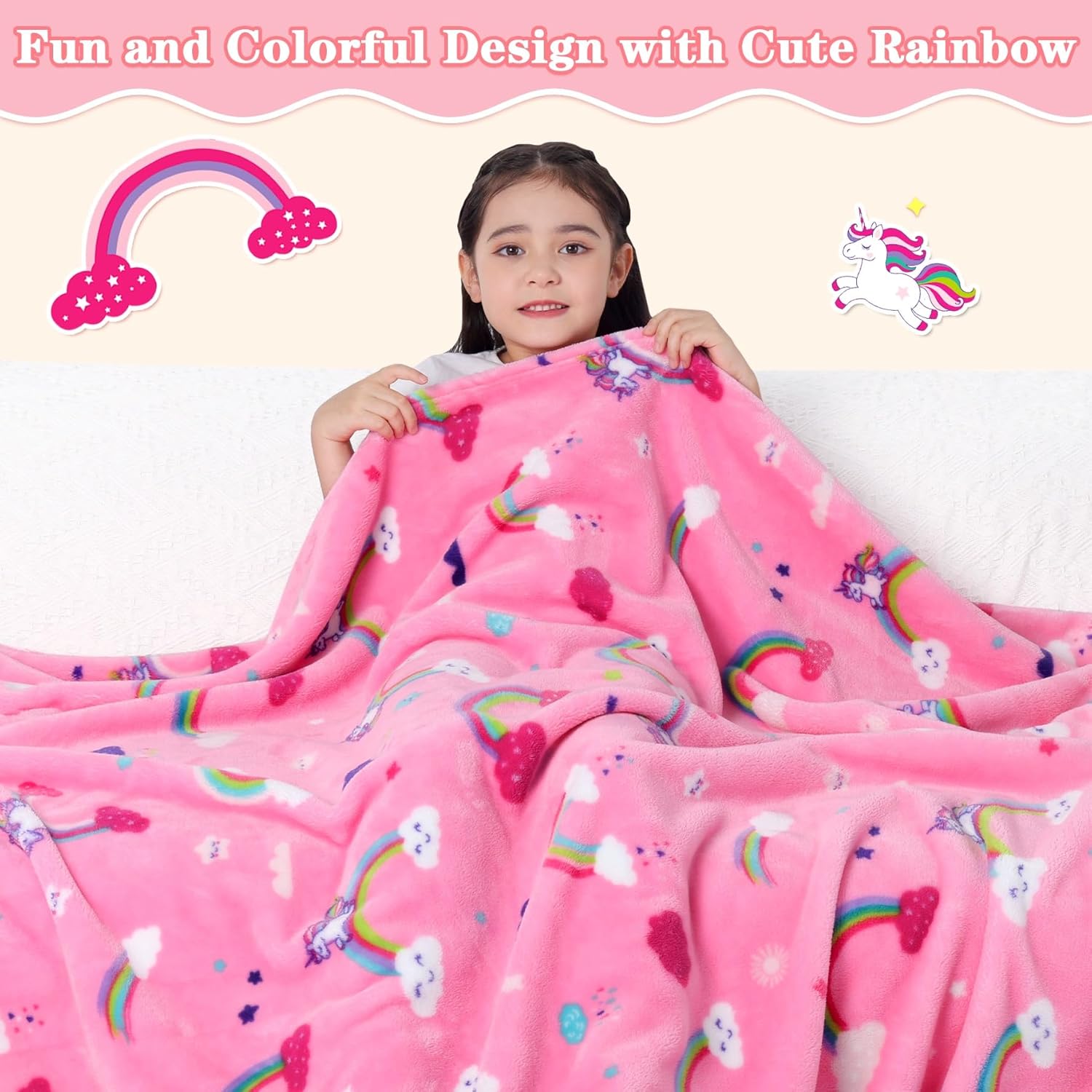 Lukeight Pink Rainbow Toddler Blanket Gifts for Girls, Plush Unicorns Throw Blanket for Kids and Adults, Thick and Warm Girls Blanket for Teens Birthday Gifts (Rainbow Unicorns, 50x60 Inches) - Image 2