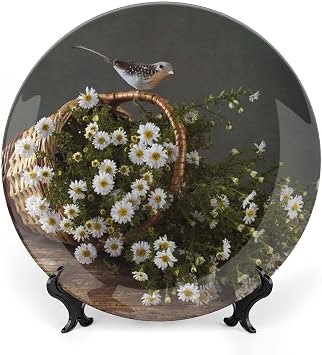 Spring Summer Decorative Plate Holder, 7inch, A Basket of Chrysanthemums Round Display Plate, Ceramic Craft, for Home Party Decor Art