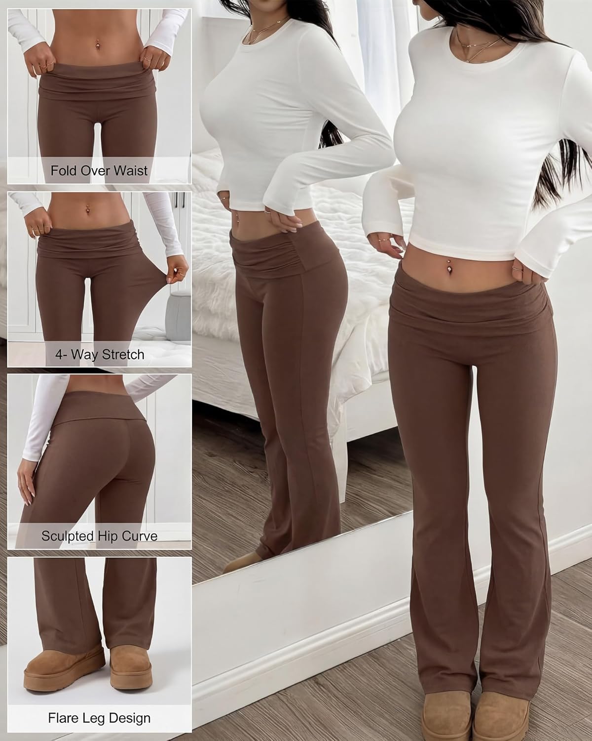 Coume 3 Pack Women Flare Leggings Fold Over Workout Yoga Pants Stretch Bootcut Bell Bottom Y2k Low Rise Gym Lounge Sweatpants
