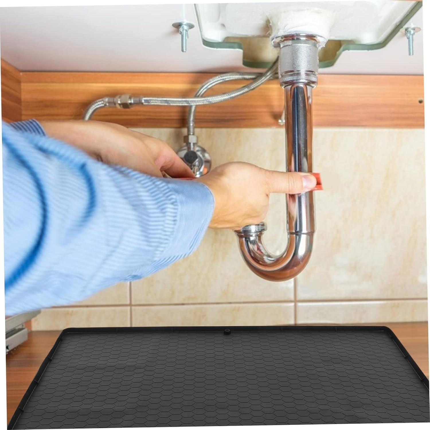 Cabilock Waterproof Under Sink Mat 23.6 x 23.6 Flexible Sink Liner Drain Holes for Kitchen and Bathroom for Cabinet Protection and Leak Prevention