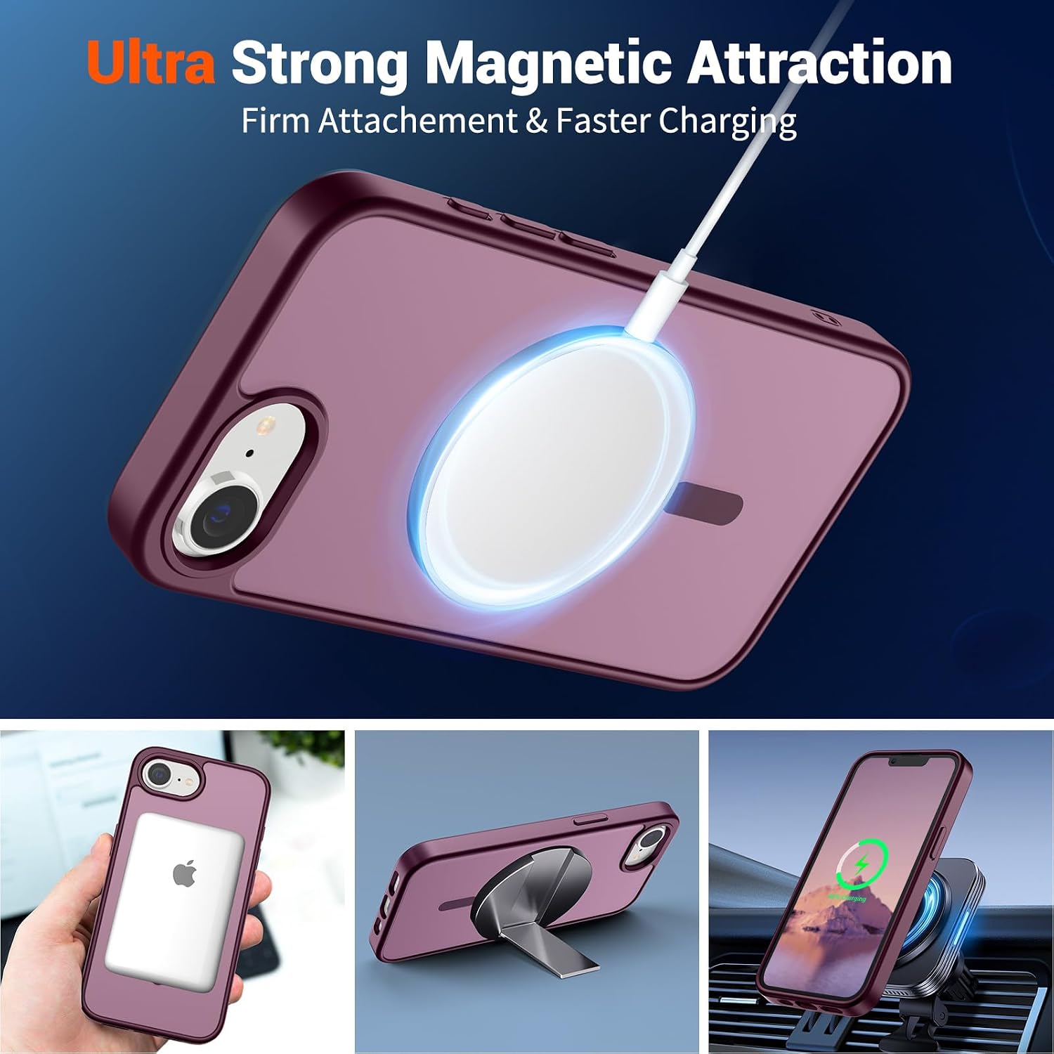SUPFINE Magnetic for iPhone 17e Case/iPhone 16e Case Wine Red | With Screen Protector, Translucent Matte, Compatible with MagSafe, Military Grade Drop Proof, Rugged Shockproof Protective