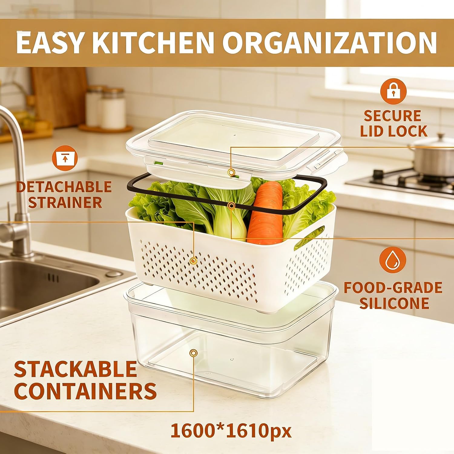 Fruit storage containers for fridge, with detachable drainer basket and airtight seal, stackable produce organizer, prolongs freshness of berries, greens, meats
