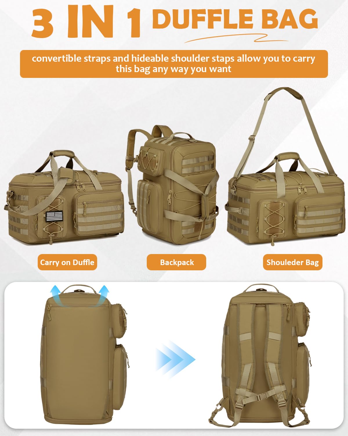 50L Turnbeutel für Herren, 3-in-1-Reisetasche mit Schuhfach, taktischer Militär-Rucksack für Übernachtung, Wochenender, Fitnessstudio, Reisen, Workout, Einsatz, Braun, 50L, Taktischer 3-in-1-Rucksack