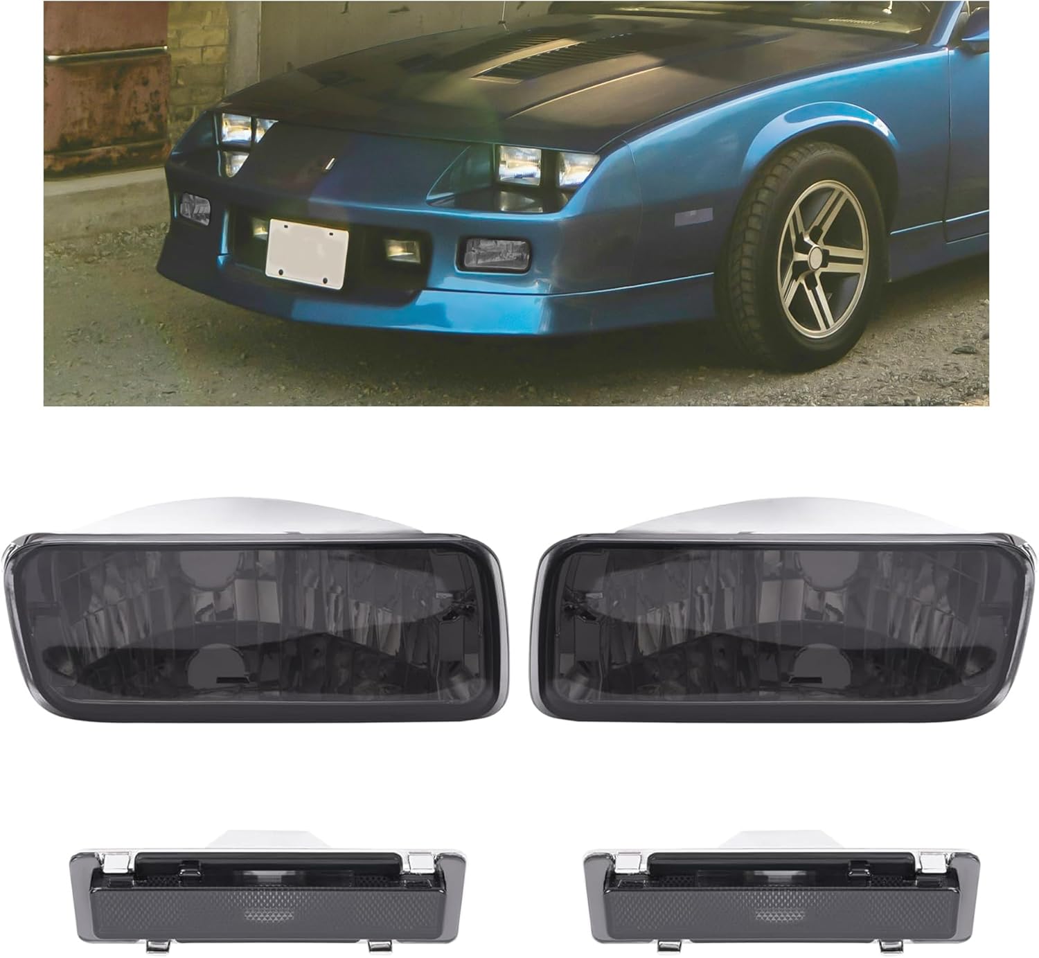HECASA Turn Signal + Side Marker Light Compatible with 1985-1992 Chevy Chevrolet Camaro Parking Bumper Signal Lamp Left & Right Replacement for GM2520165 GM2521165 - Smoke Lens 4 Pcs